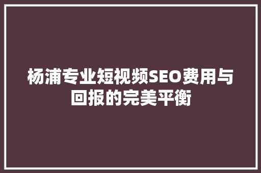 杨浦专业短视频SEO费用与回报的完美平衡