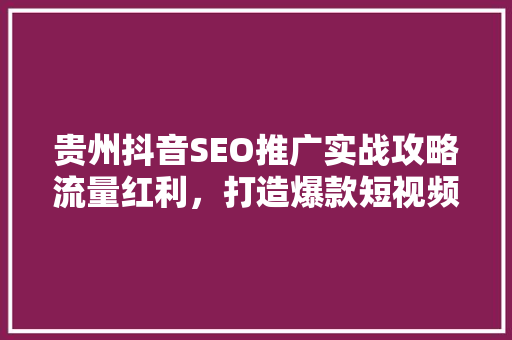 贵州抖音SEO推广实战攻略流量红利，打造爆款短视频