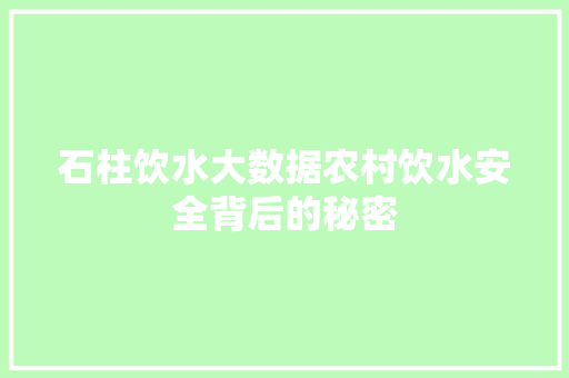 石柱饮水大数据农村饮水安全背后的秘密