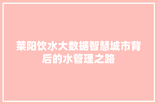莱阳饮水大数据智慧城市背后的水管理之路