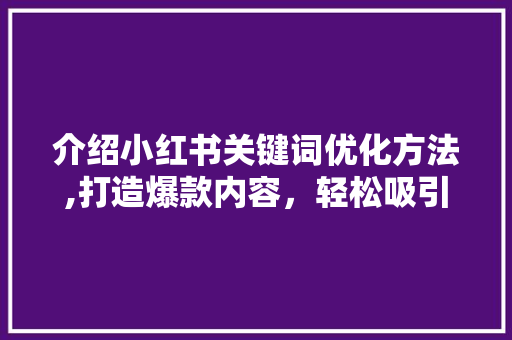 介绍小红书关键词优化方法,打造爆款内容，轻松吸引海量流量