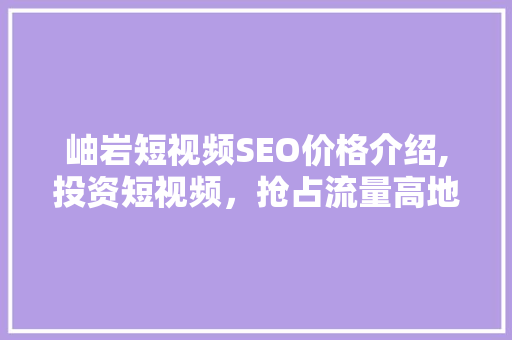 岫岩短视频SEO价格介绍,投资短视频，抢占流量高地